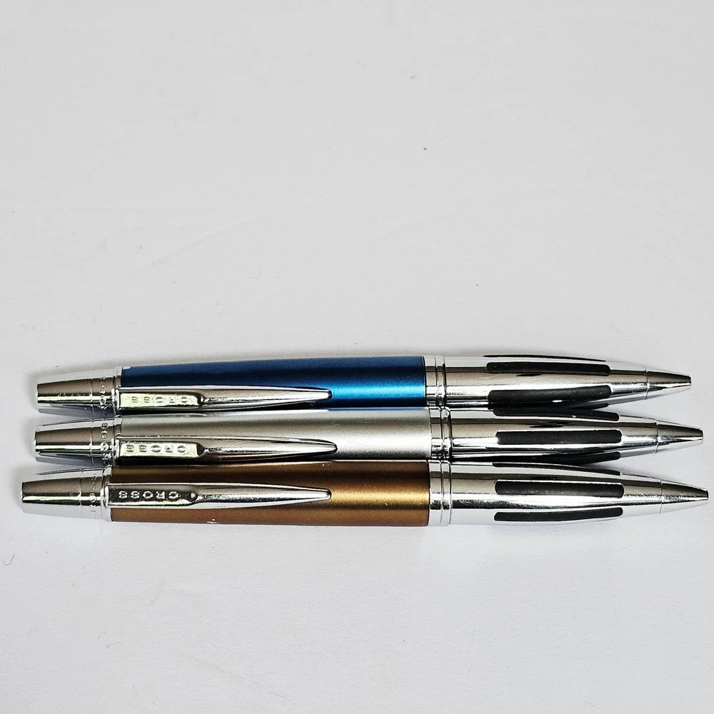 Vintage Cross ATX Ballpoint Pen Set 3 Metallic Blue Silver Bronze Ergonomic Grip
